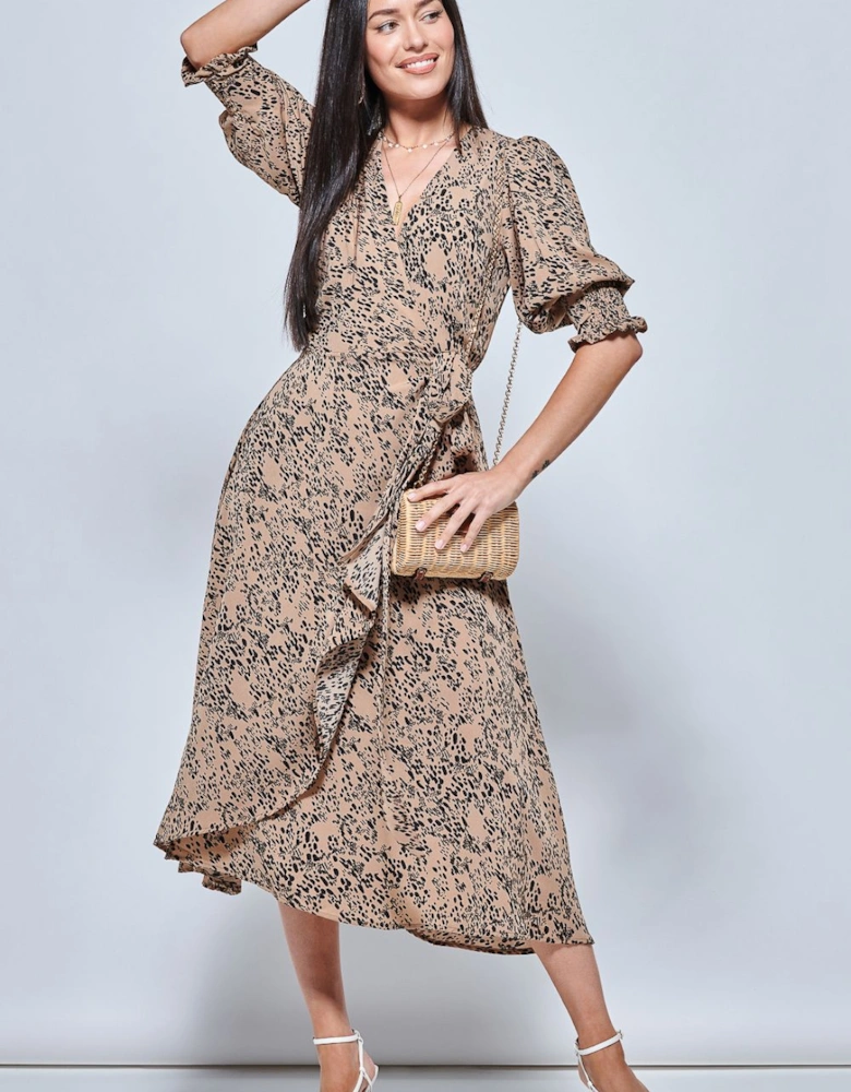 Animal Print Crepe Wrap Midi Dress