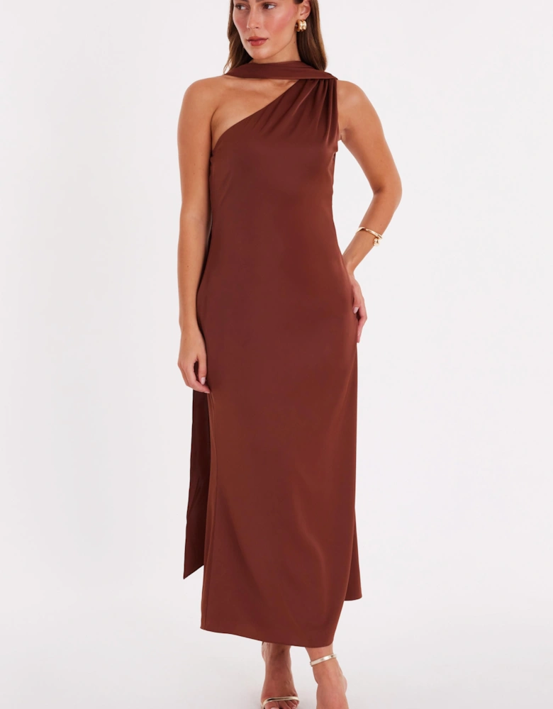 Brown Satin Wrap Neck Midaxi Dress
