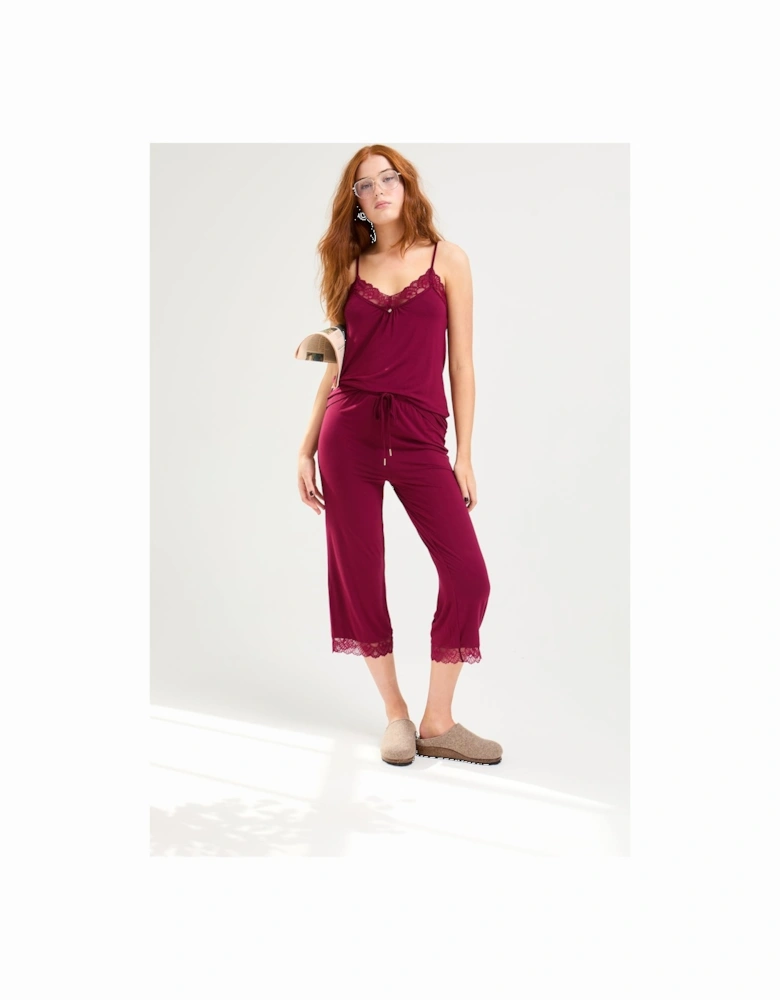 Bamboo Lace Cami Cropped Trouser Pyjama Set in Bordeaux