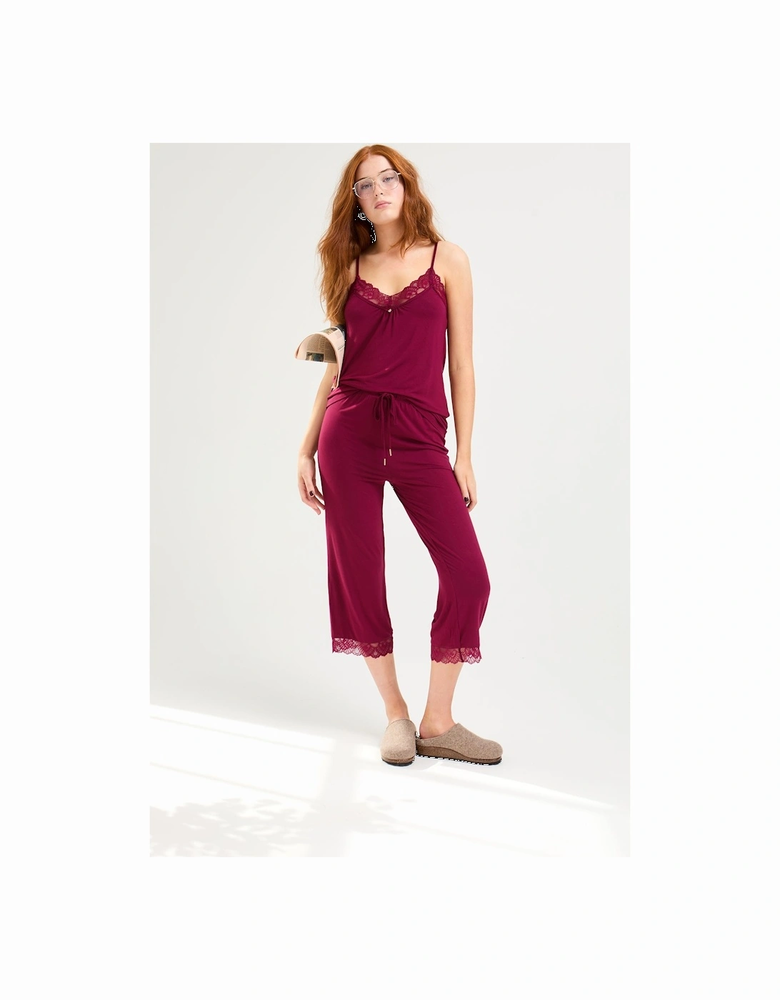 Bamboo Lace Cami Cropped Trouser Pyjama Set in Bordeaux, 5 of 4