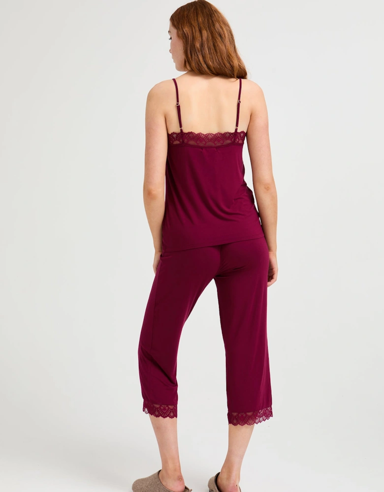 Bamboo Lace Cami Cropped Trouser Pyjama Set in Bordeaux
