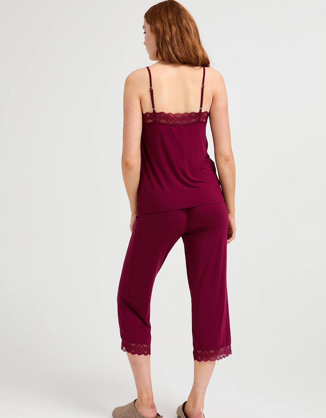 Bamboo Lace Cami Cropped Trouser Pyjama Set in Bordeaux