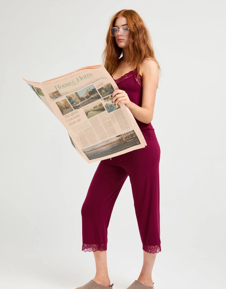 Bamboo Lace Cami Cropped Trouser Pyjama Set in Bordeaux