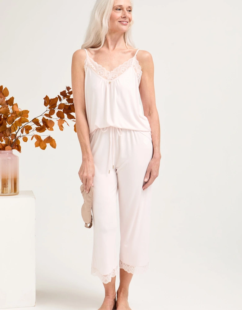 Bamboo Lace Cami Cropped Trouser Pyjama Set in Powder Puff