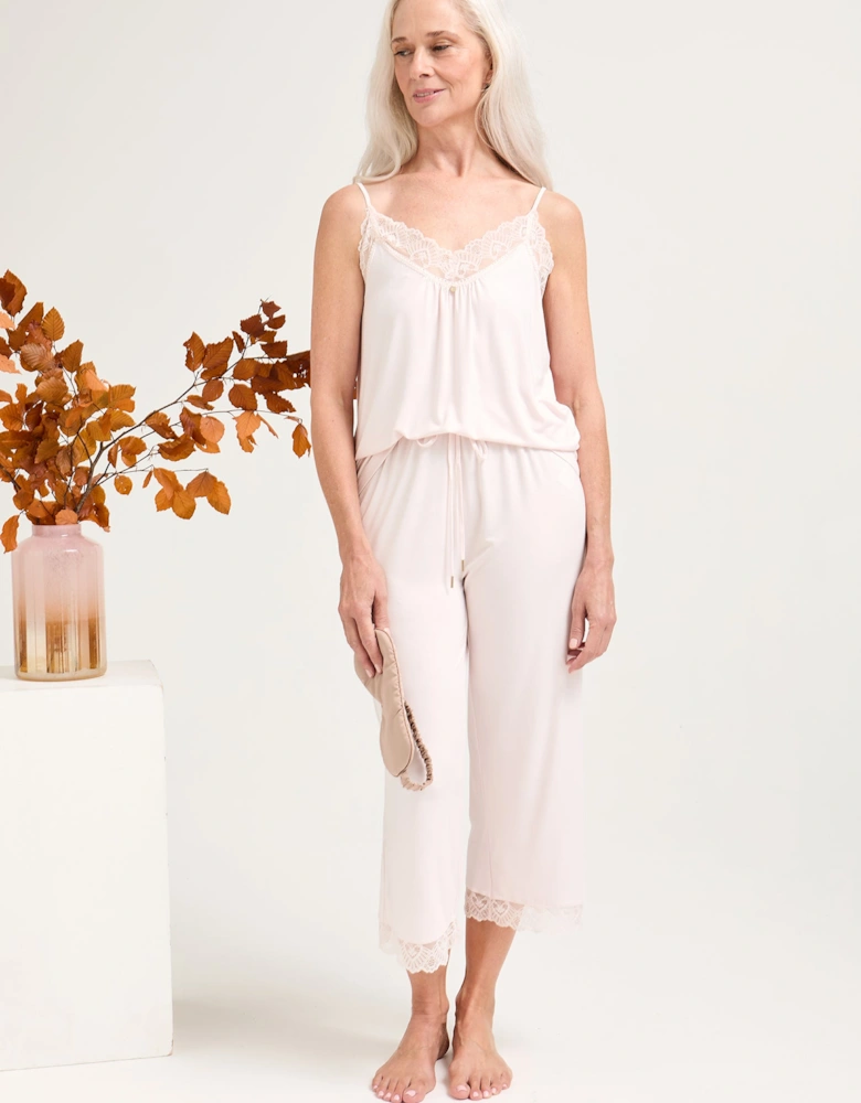 Bamboo Lace Cami Cropped Trouser Pyjama Set in Powder Puff