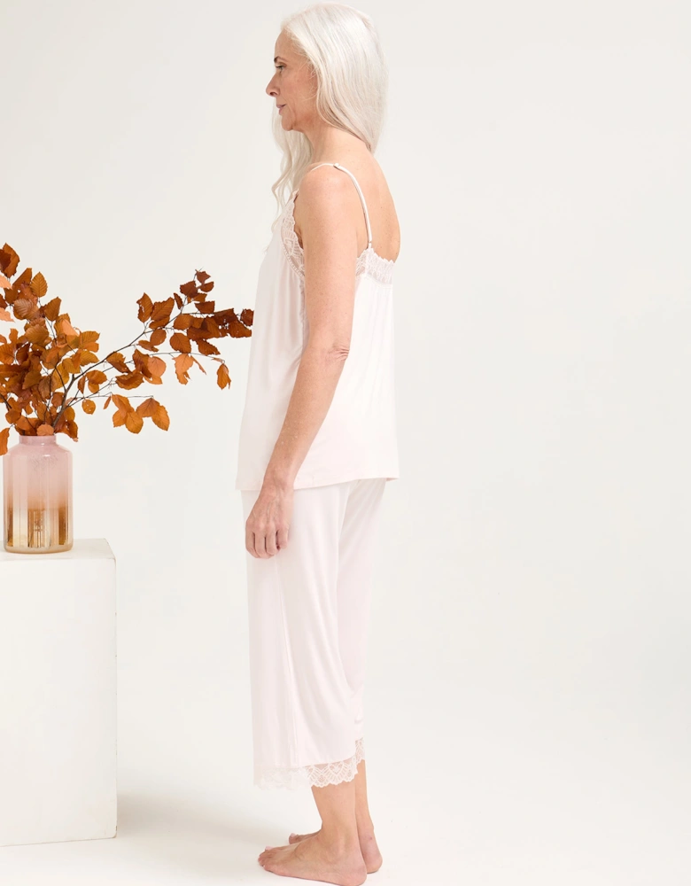 Bamboo Lace Cami Cropped Trouser Pyjama Set in Powder Puff