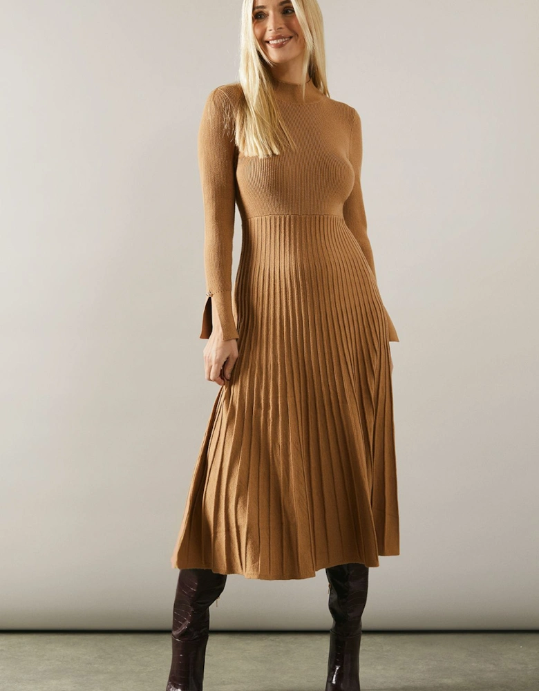Petite Button Cuff Detail High Neck Pleated Knitted Midaxi Dress