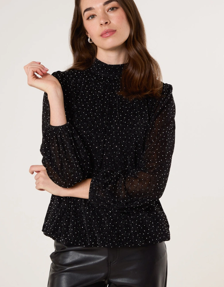 Black Rhinestone Shoulder Pad Puffball Blouse