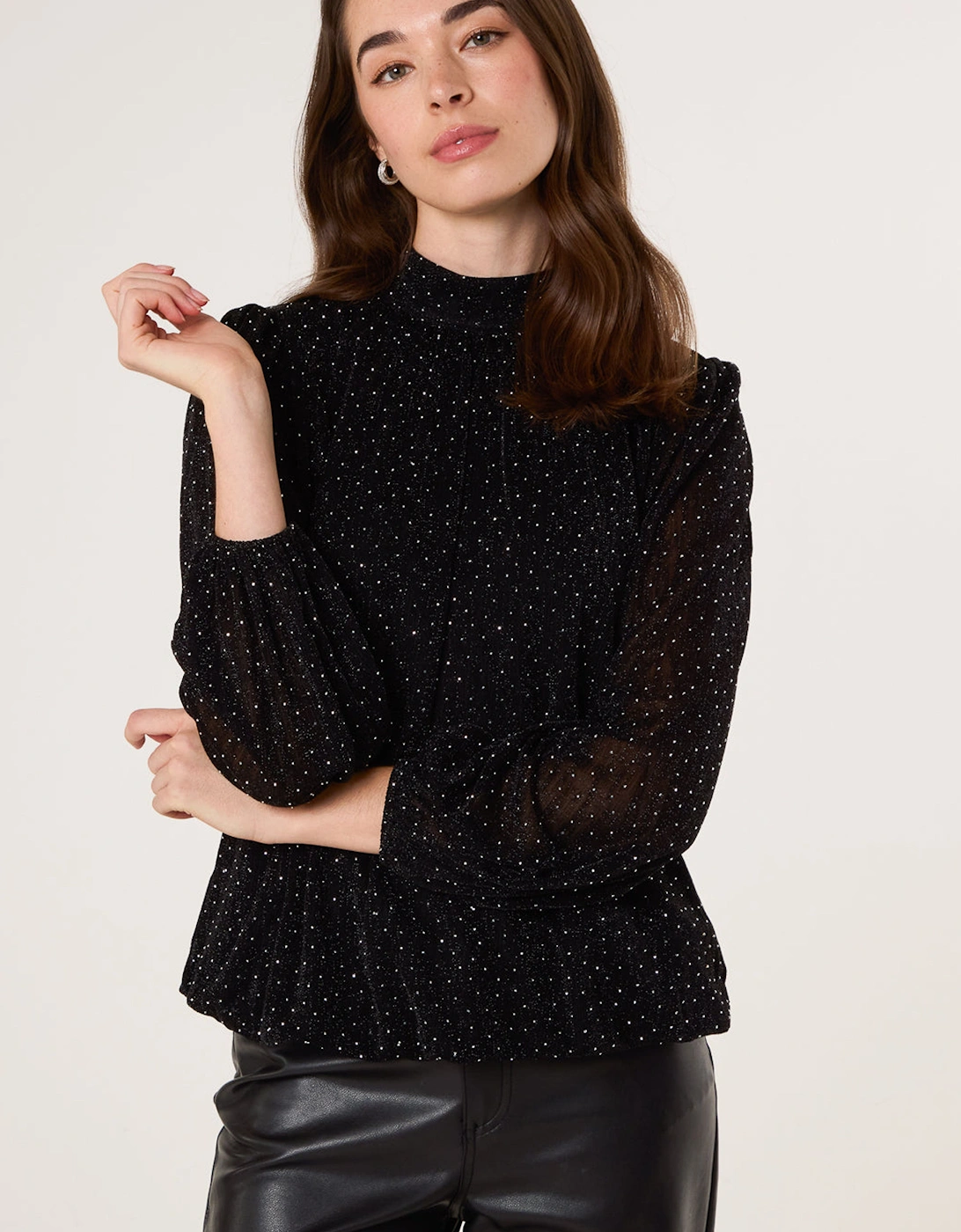 Black Rhinestone Shoulder Pad Puffball Blouse, 2 of 1