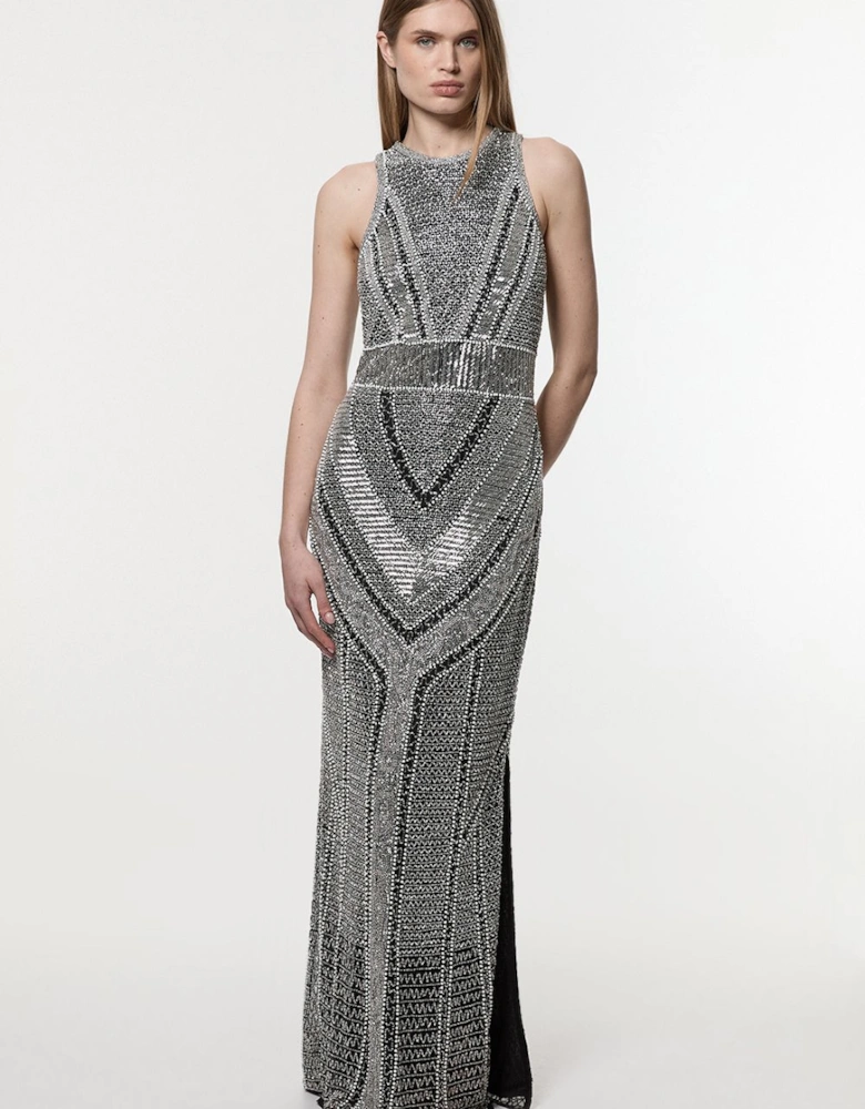 Premium Beading And Embellished Woven Halter Neck Maxi Dress