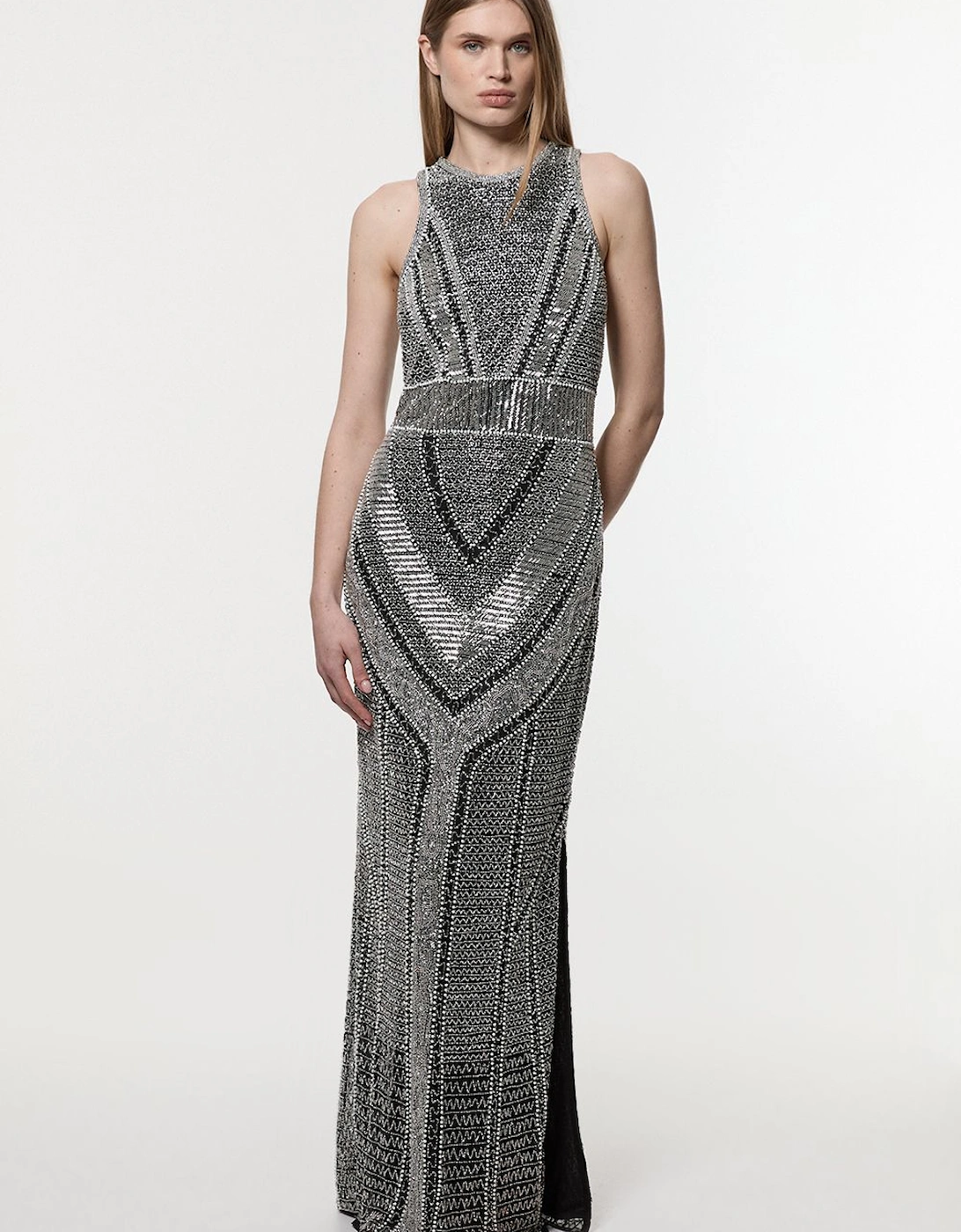 Premium Beading And Embellished Woven Halter Neck Maxi Dress, 2 of 1