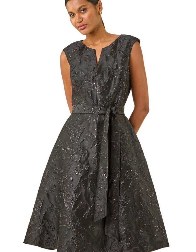 Metallic Brocade Belted Dress