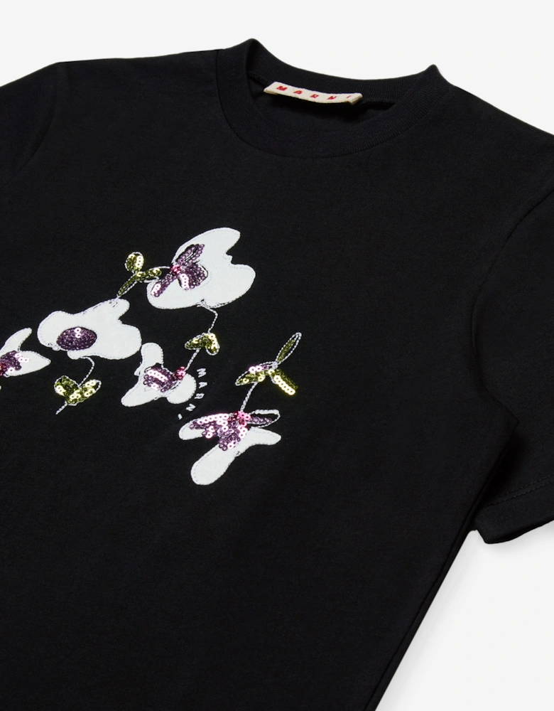 Girls Sequin Flower T-Shirt in Black