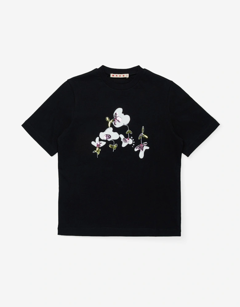 Girls Sequin Flower T-Shirt in Black