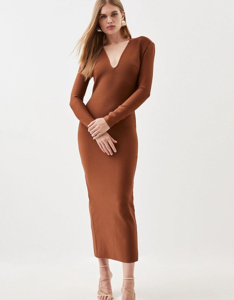 Bandage Form Fitting Deep V-Neck Midi Knit Dress