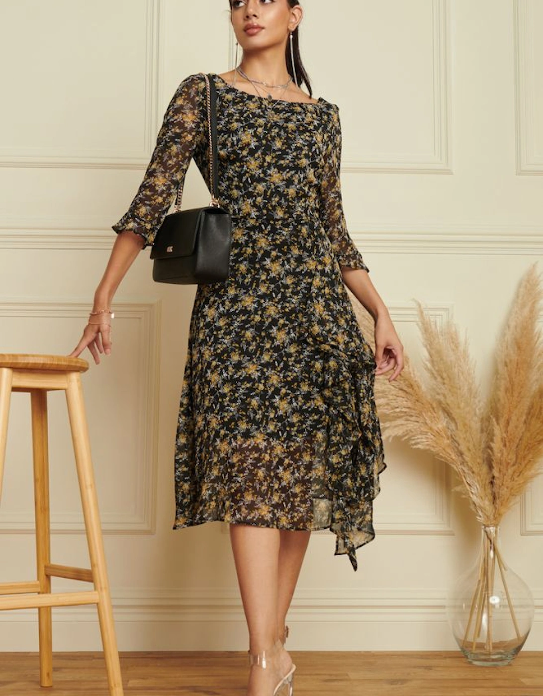 Floral Chiffon Frill Hem Midi dress, 2 of 1