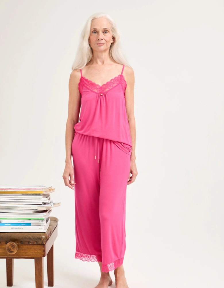 Bamboo Lace Cami Cropped Trouser Pyjama Set in Raspberry