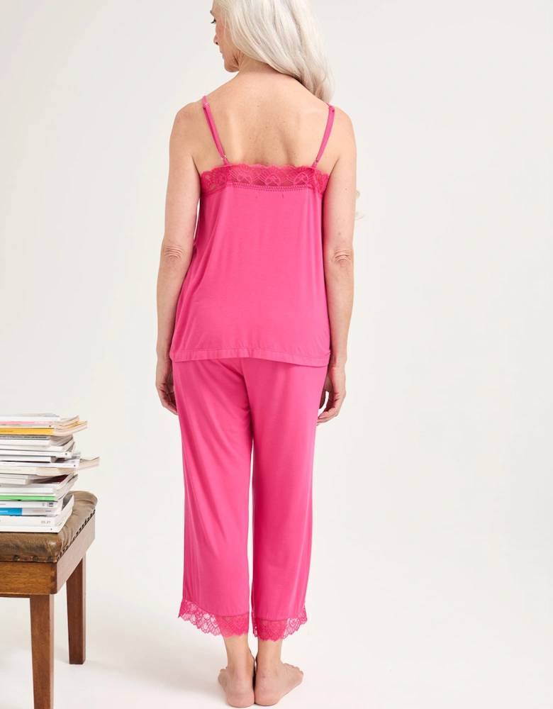 Bamboo Lace Cami Cropped Trouser Pyjama Set in Raspberry