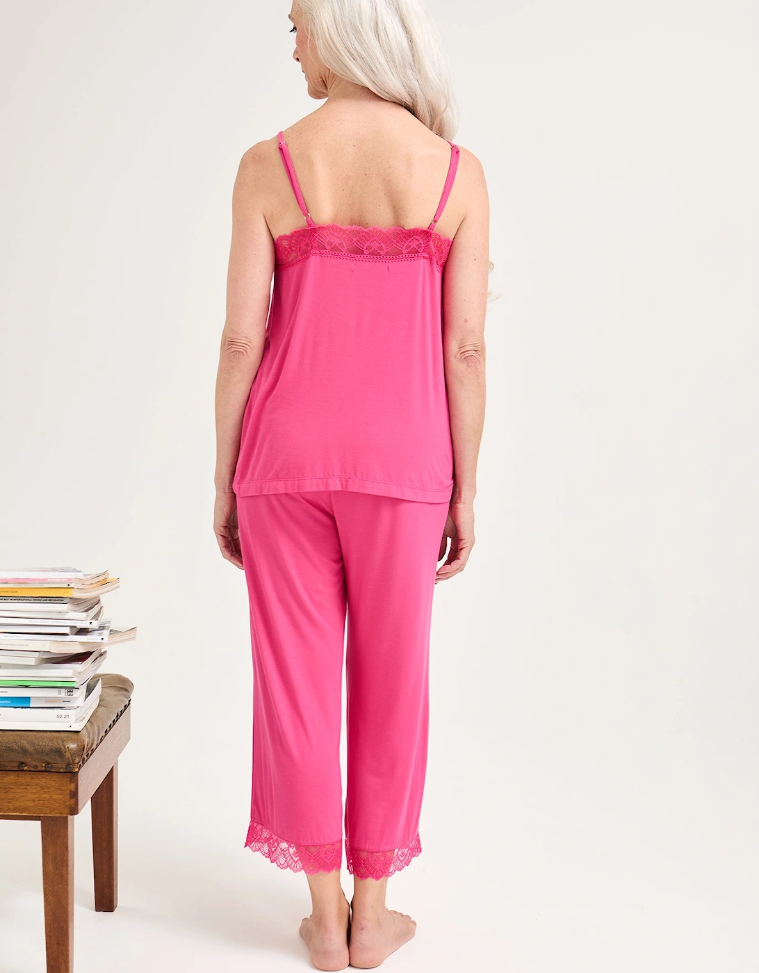 Bamboo Lace Cami Cropped Trouser Pyjama Set in Raspberry