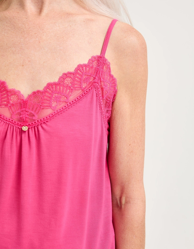 Bamboo Lace Cami Cropped Trouser Pyjama Set in Raspberry