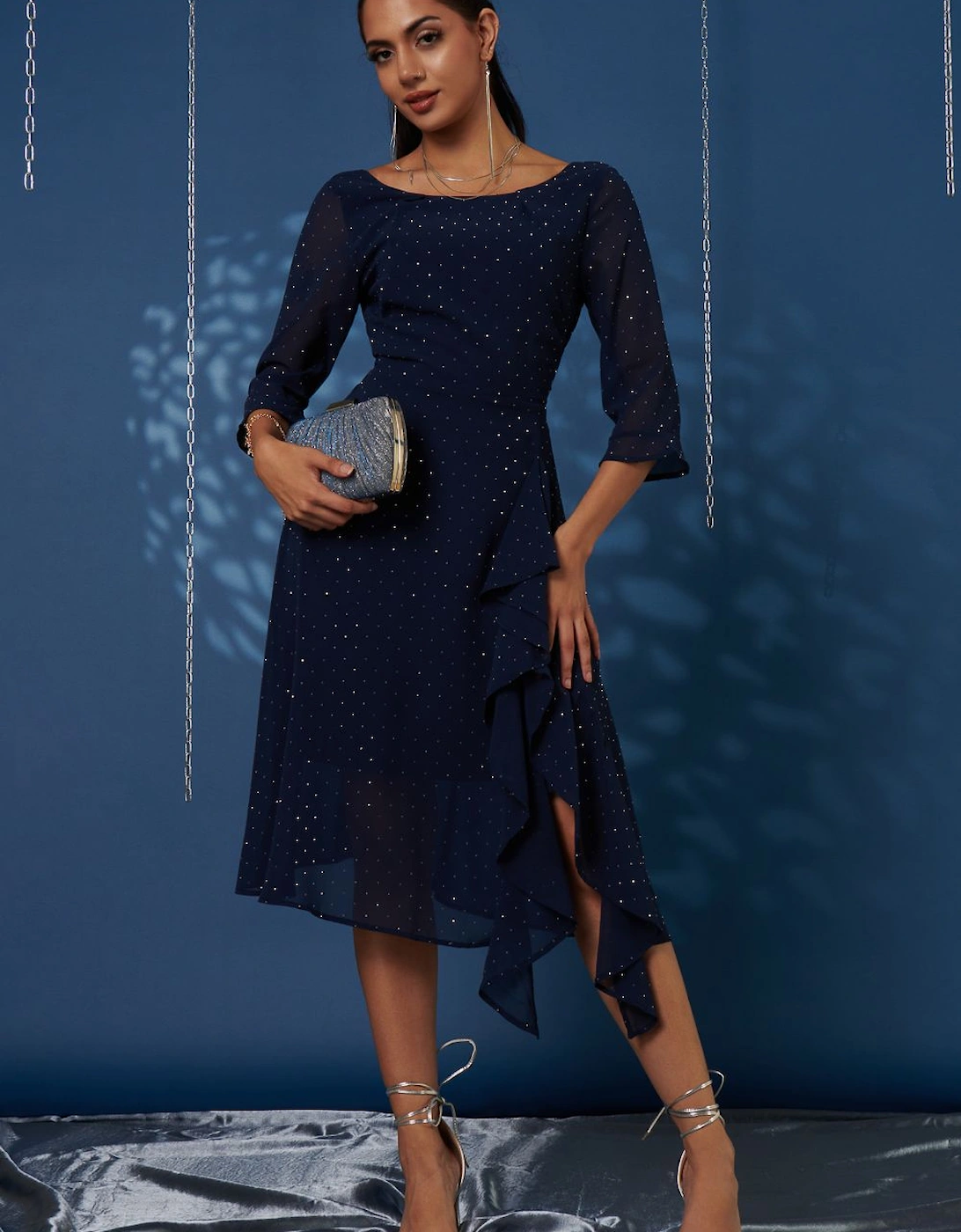 Diamante Embellished Chiffon Midi Dress, 2 of 1