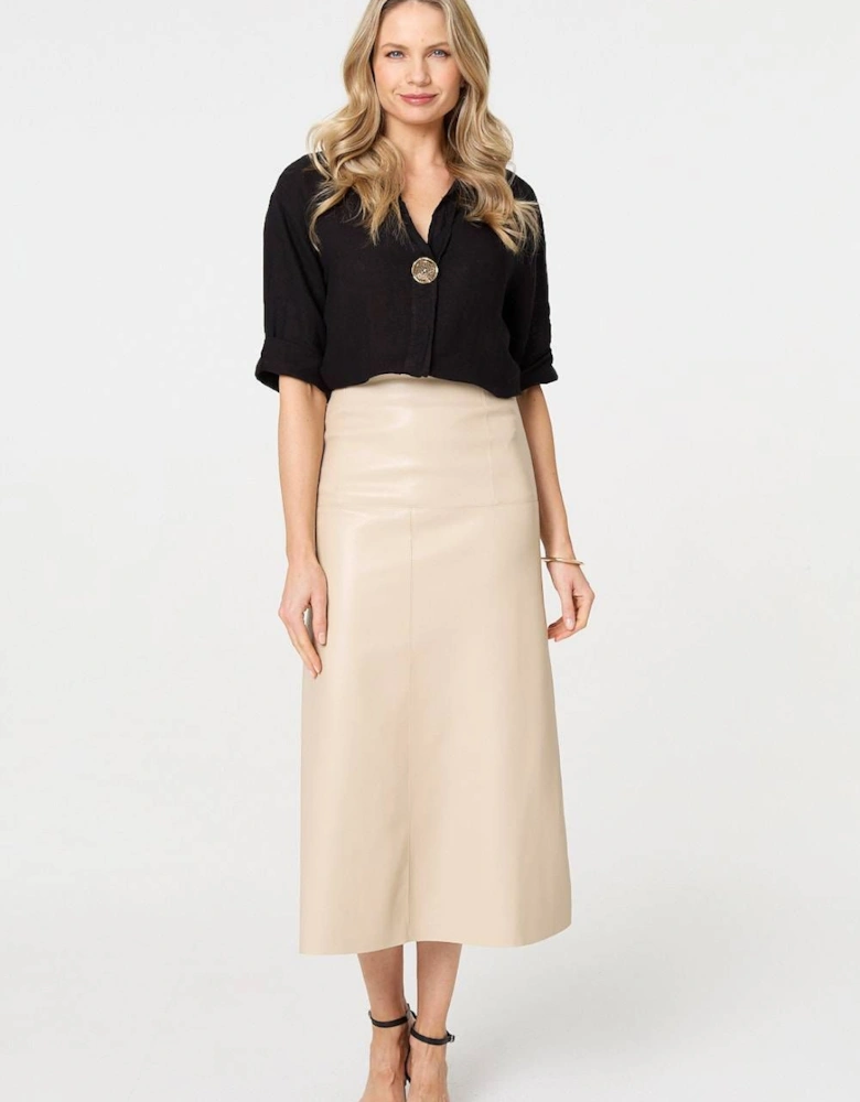 Faux Leather High Waist Midi Skirt