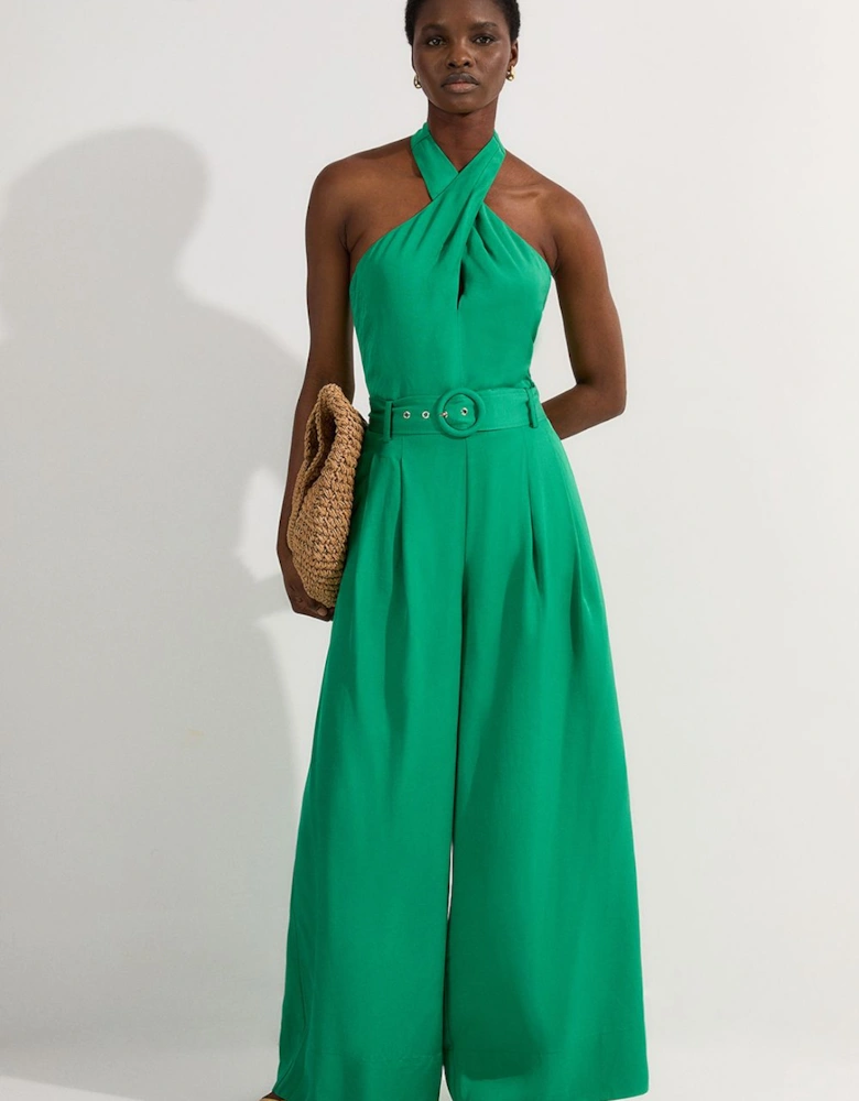 Premium Viscose Linen Cross Front Halter Belted Woven Wide Leg Jumpsuit