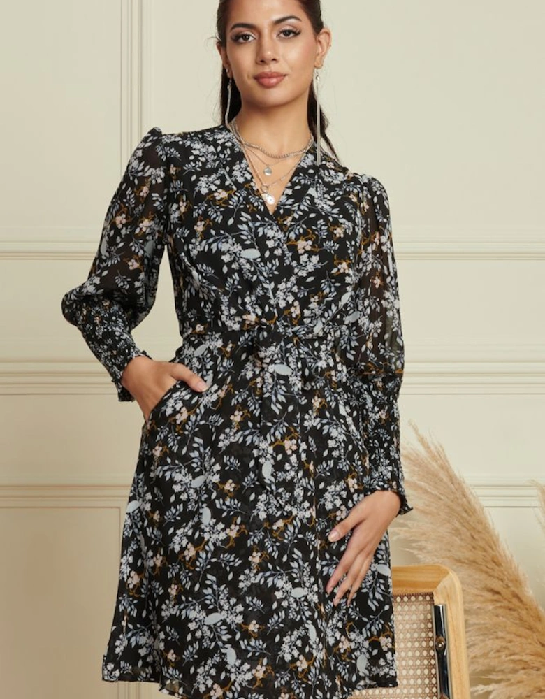 Shirred Cuff Tie Waist Dress