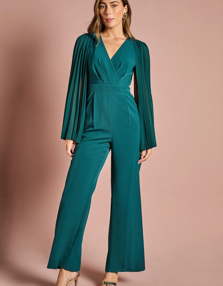 V Neck Pleated Long Sleeve Jumpsuit