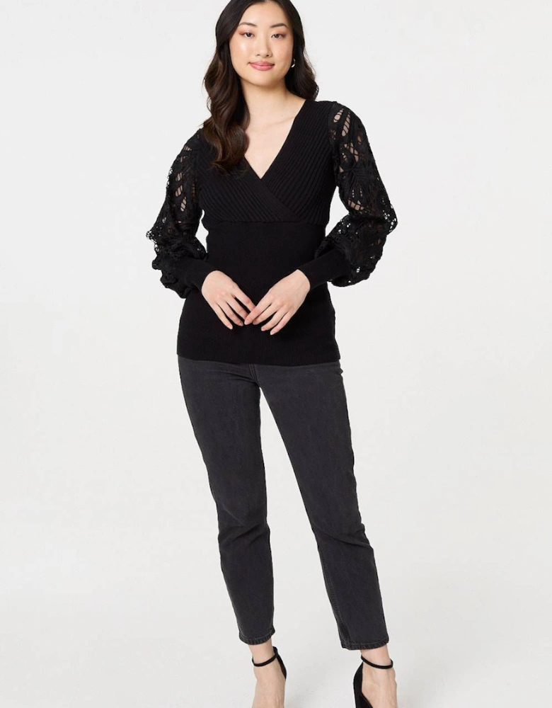 Floral Lace Puff Sleeve Fitted Knit Top