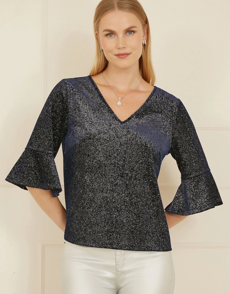 Navy Sparkle Velvet Relaxed Fit Top With Fluted Sleeves