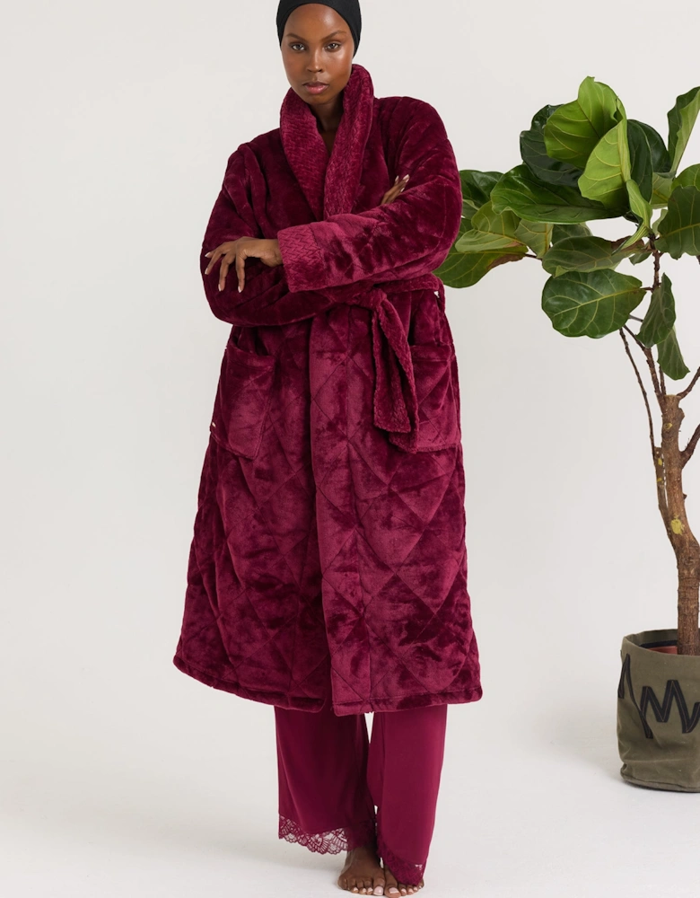 Quilted Velour Dressing Gown in Bordeaux