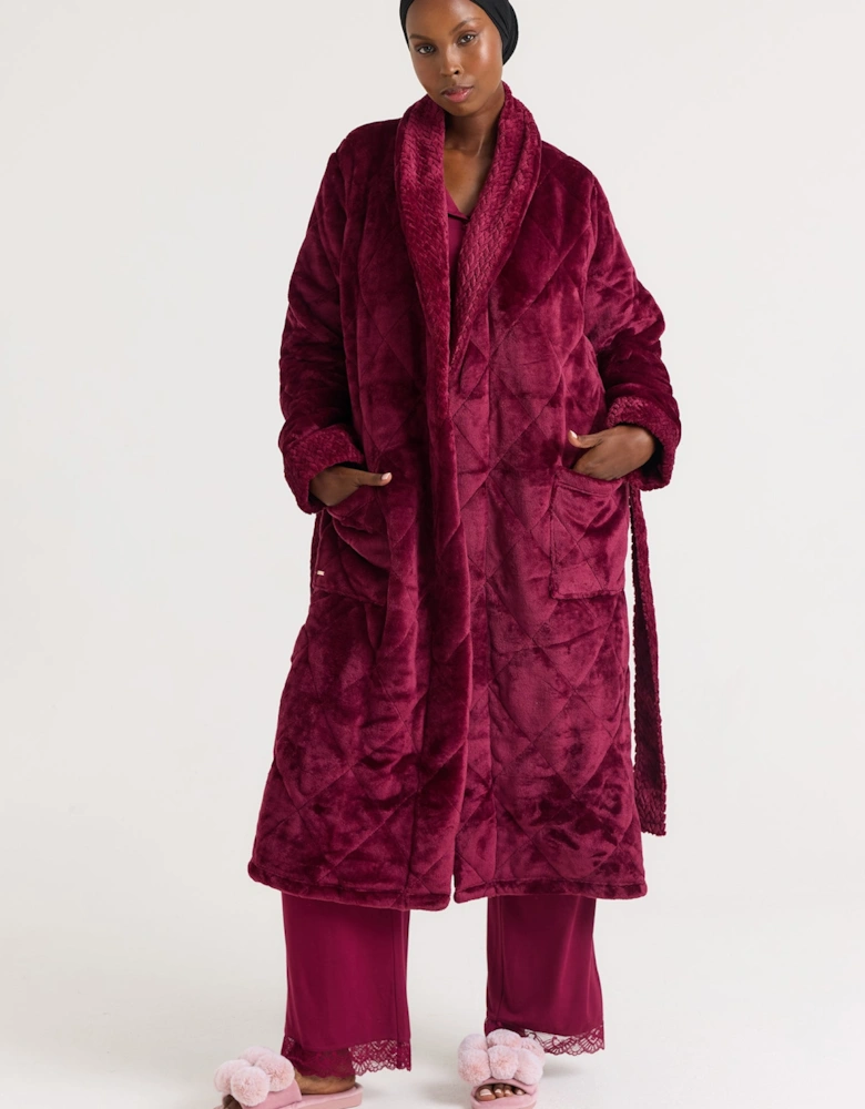 Quilted Velour Dressing Gown in Bordeaux