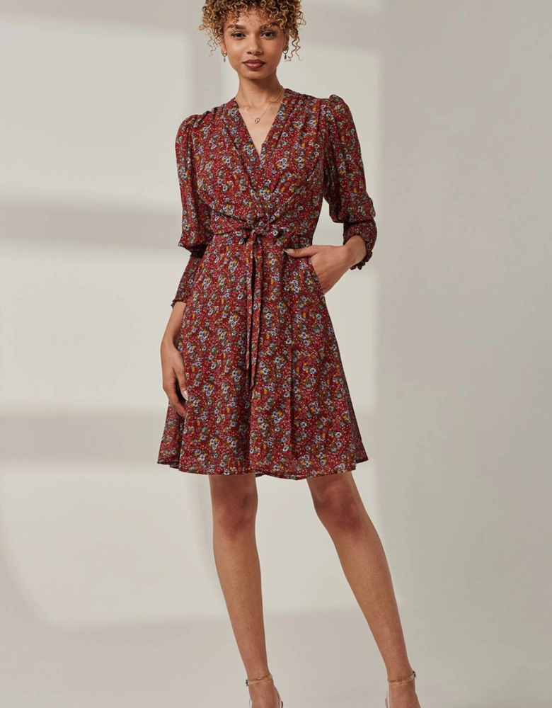 Shirred Cuff Tie Waist Dress