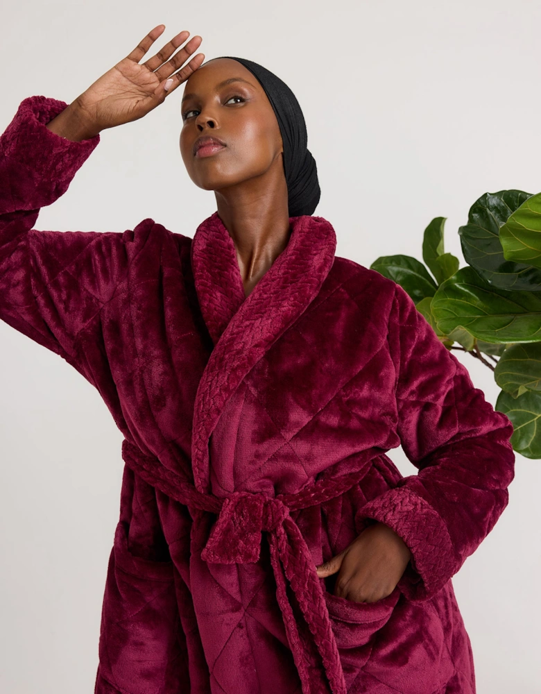 Quilted Velour Dressing Gown in Bordeaux