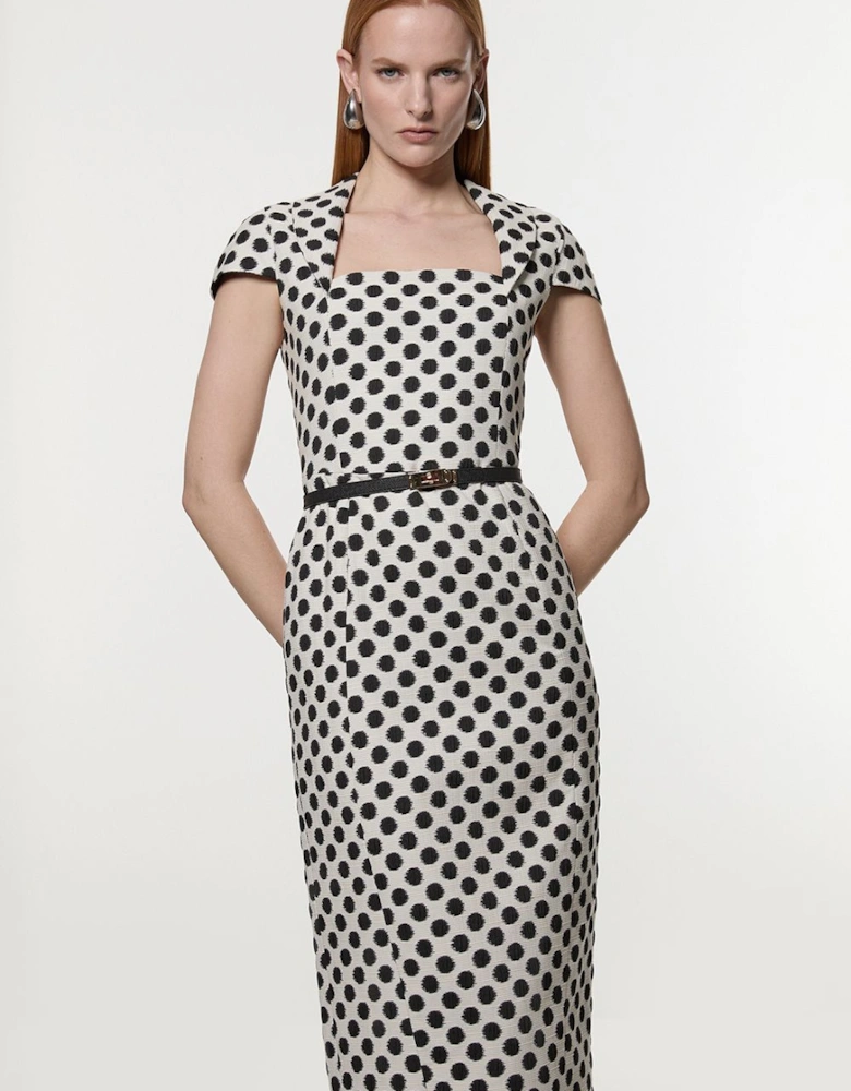 Spot Jacquard Square Neck Tailored Pencil Midi Dress