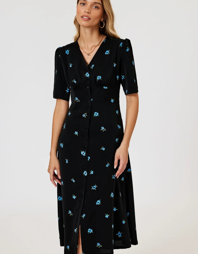 Blue Floral Print Button Front Midi Dress In Black