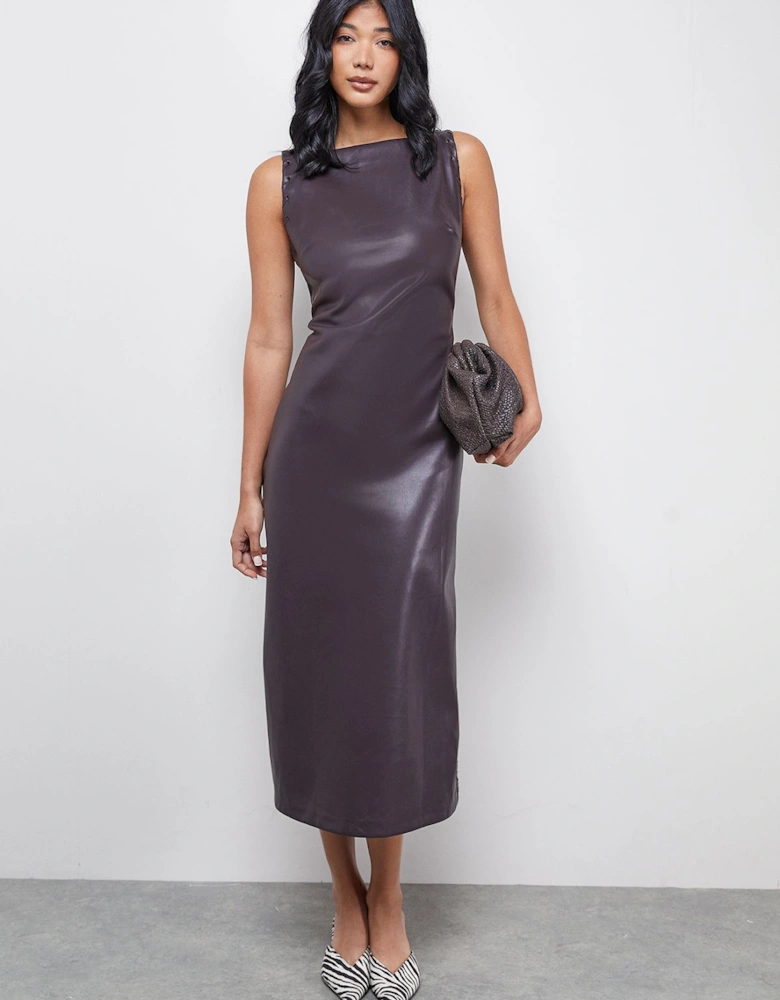 Faux Leather Whipstitch Detail Sleeveless Midi Dress