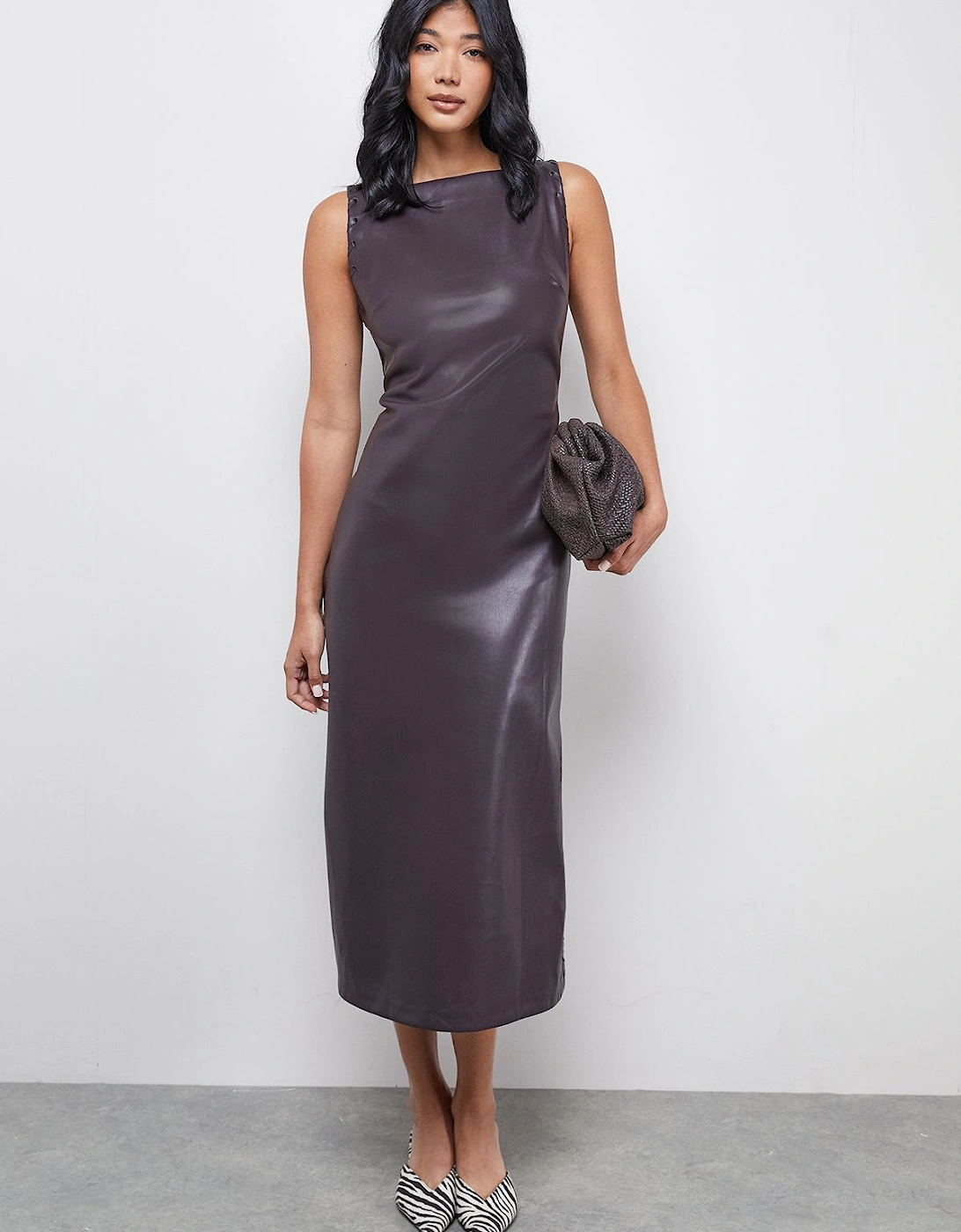 Faux Leather Whipstitch Detail Sleeveless Midi Dress, 2 of 1