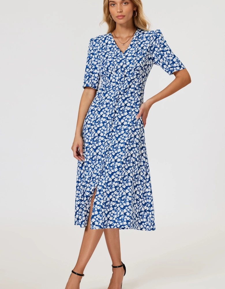 Floral Print Button Front Midi Dress In Blue