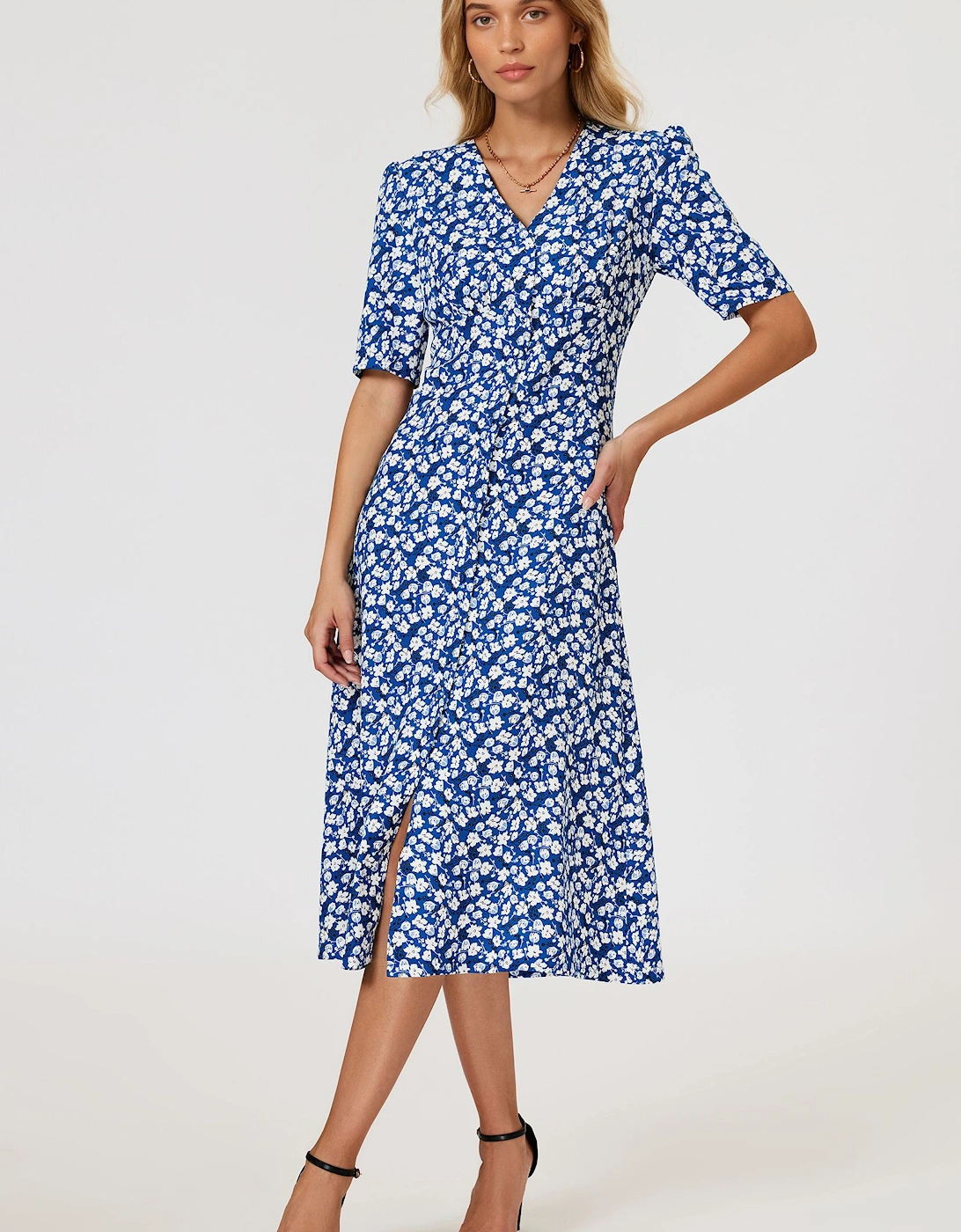 Floral Print Button Front Midi Dress In Blue, 2 of 1