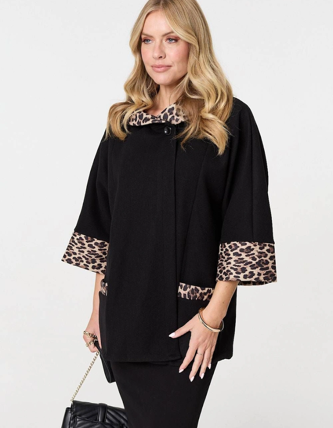 Animal Print Trim 3/4 Sleeve Cape Coat, 2 of 1