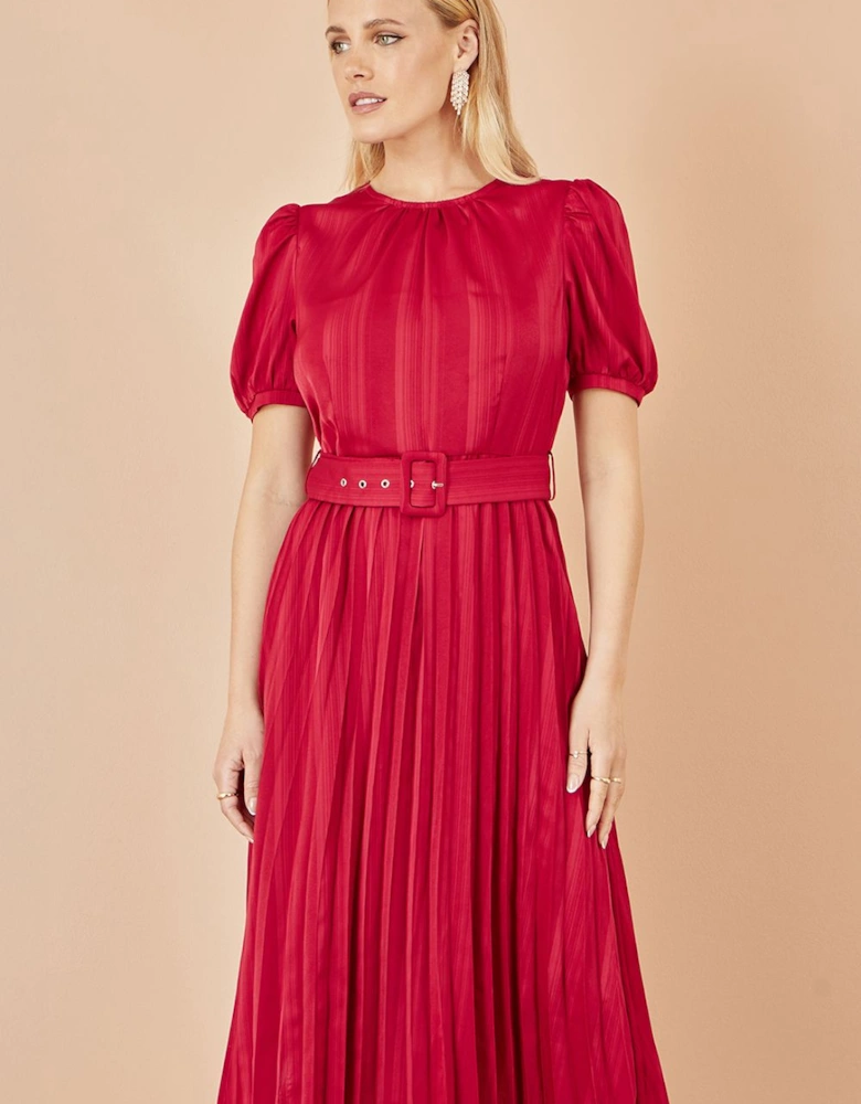 Red Satin Striped Midi Dress With Pleats and Matching Belt