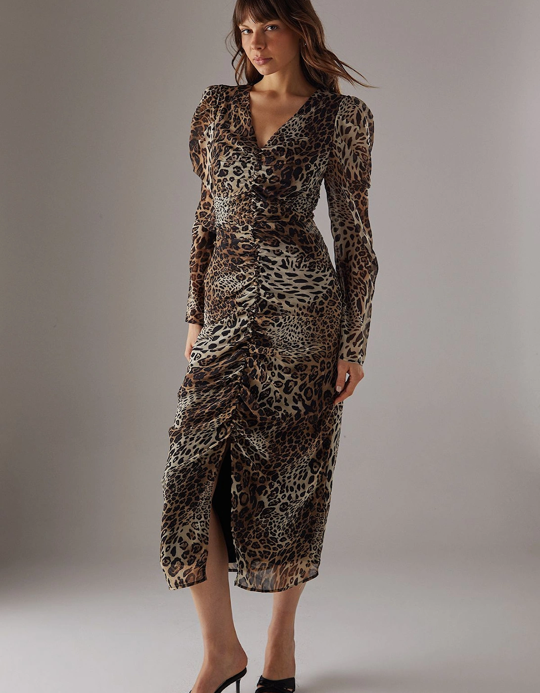 Animal Chiffon Ruched Plunge Button front Midi Dress, 2 of 1