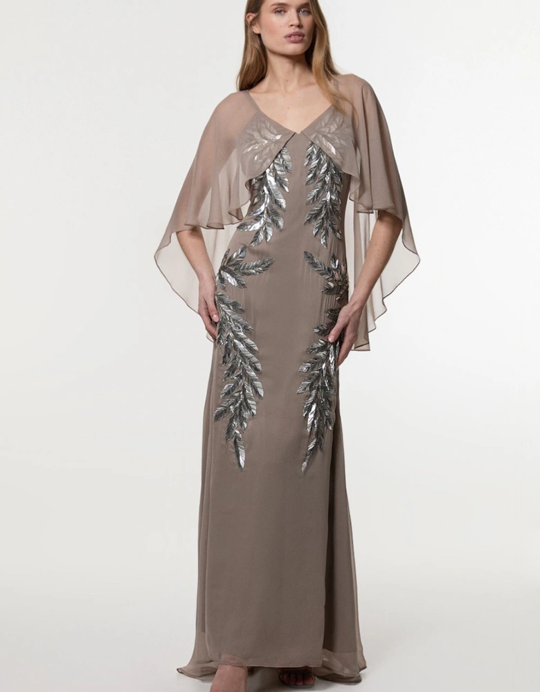 Feather Embellished Woven Cape Sleeve Maxi Dress