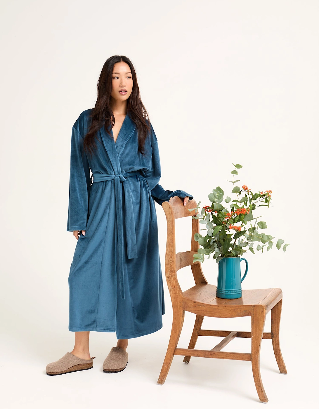 Velour Longline Dressing Gown in Teal