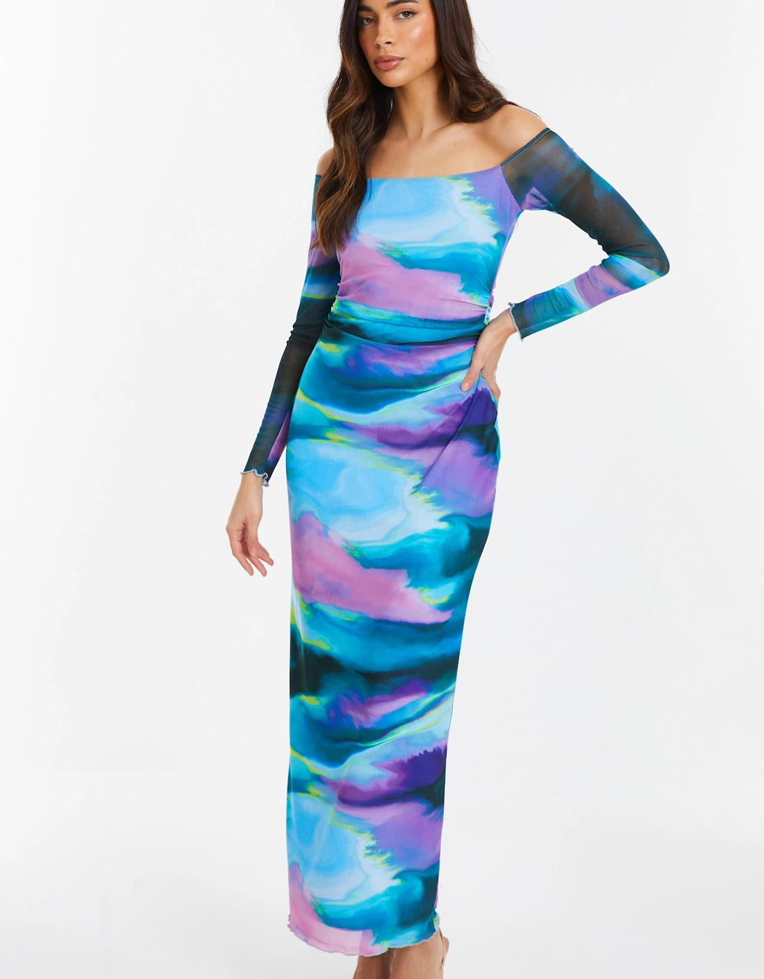 Blue Abstract Print Mesh Midaxi Dress, 2 of 1