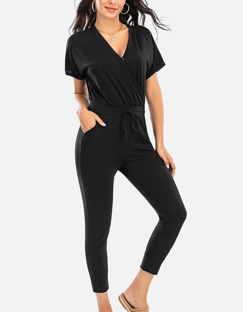 Stretch Wrap Jumpsuit With V Neck In Black