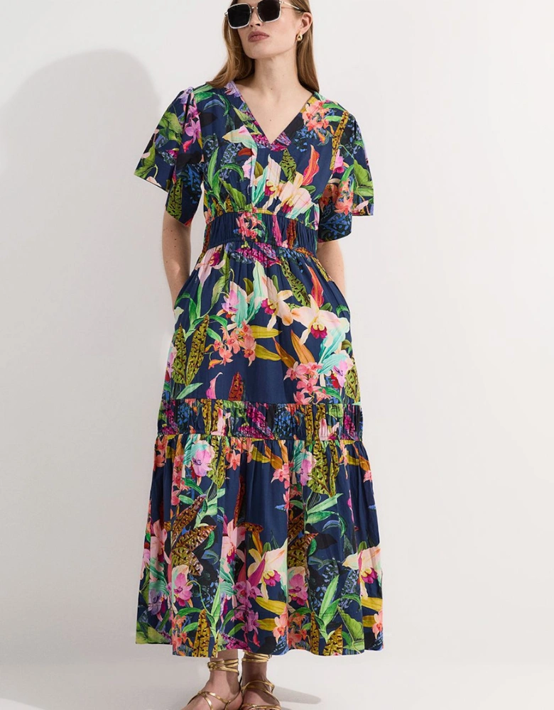 Shirred Cotton Tiered Floral Print Woven Maxi Dress