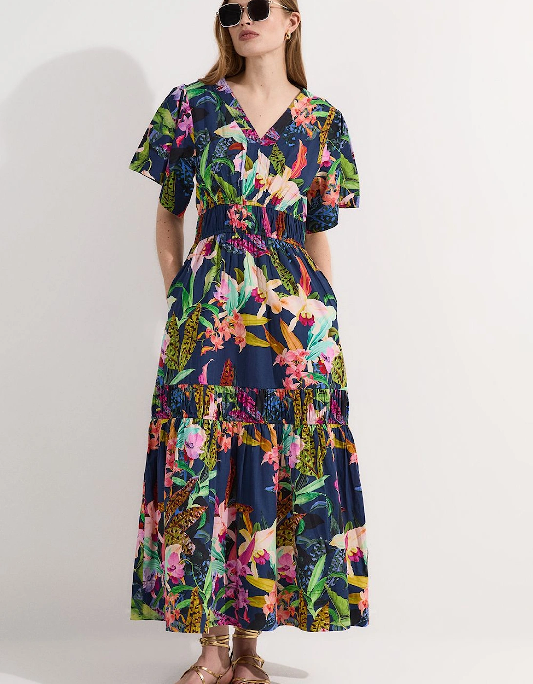 Shirred Cotton Tiered Floral Print Woven Maxi Dress, 2 of 1